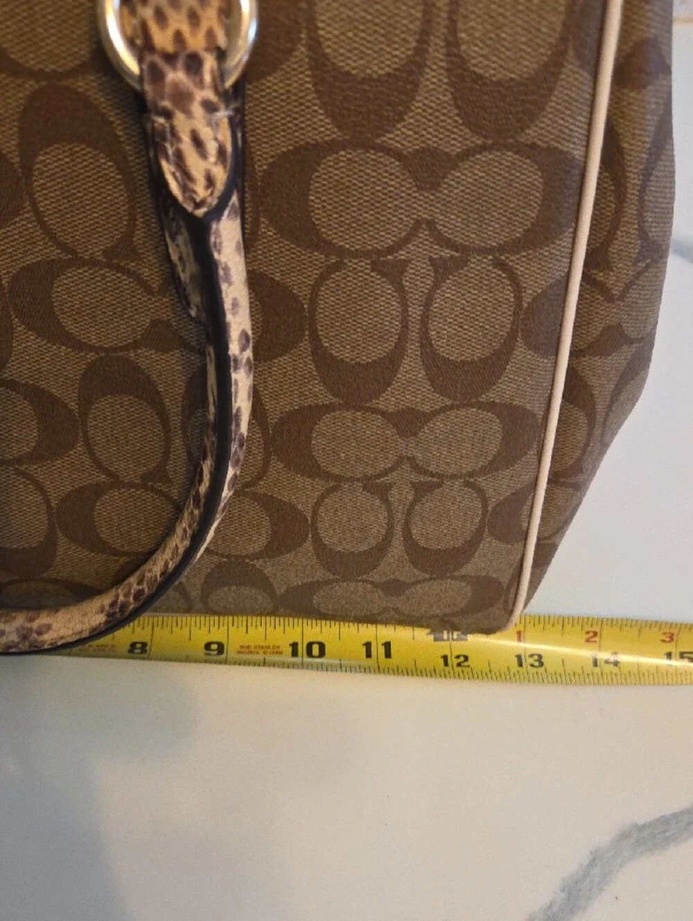Coach Khaki Signature Satchel with Snake-Print Trim
